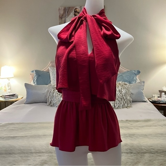 BCBGMAXAZRIA Red Celline XXS Sleeveless Pussycat Bow High Waist Peplum Blouse - Picture 1 of 14